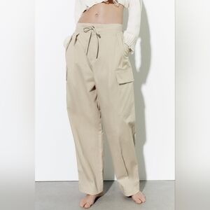 Zara tan wide barrel leg pleated tie waist cargo pants